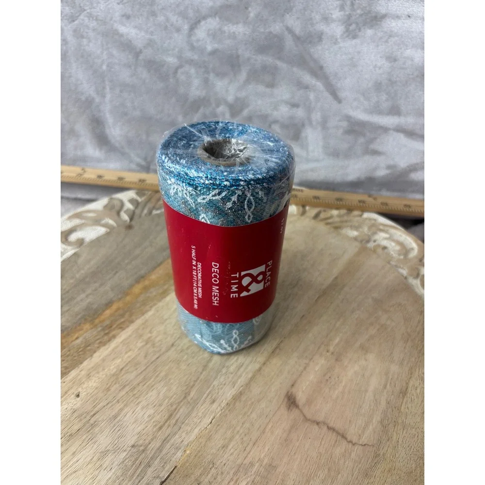 Place & Time Blue Snowflake Deco Mesh 5.5in x 18ft Glitter Holiday Craft Ribbon